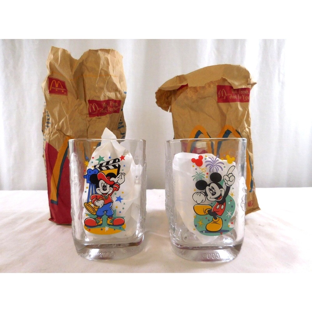 Disney Magic Kingdom McDonalds 2000 Mickey Mouse Glass Tumbler Embossed W/ Bags